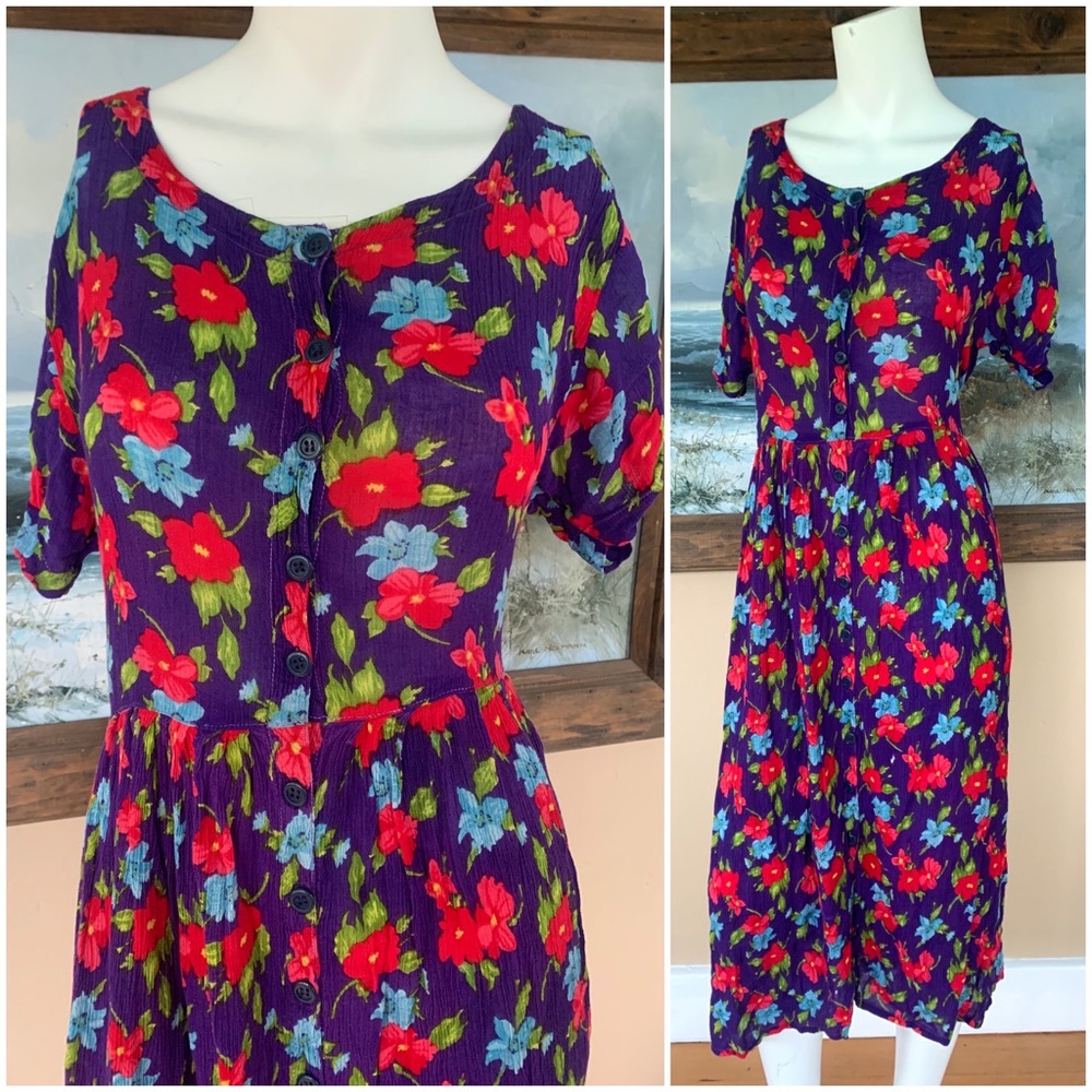 Vintage 90’s Floral Button Front Babydoll MIDI Dress w Corset Tie Back, M/L